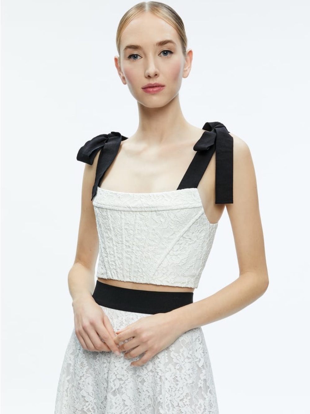 Alice + Olivia Clara Bow Strap Bustier Crop Top in Off White